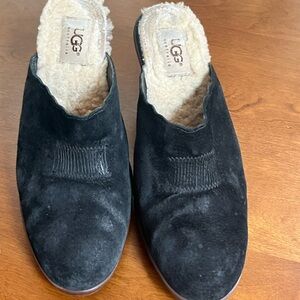 UGG Black Suede Shearling-Lined Slip-On Heels clogs mules